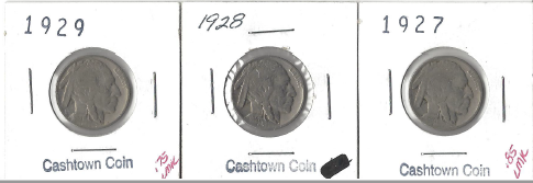 Three Different Buffalo Nickels - 1927, 1928, & 1929