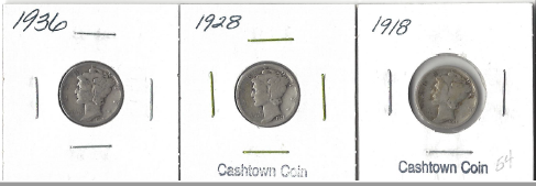 Three Different Mercury Dimes - 1918, 1928, & 1936