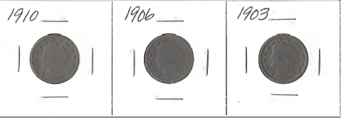 Three Different Liberty Head Nickels - 1903, 1906, & 1910