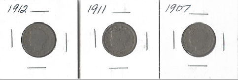 Three Different Liberty Head Nickels - 1907, 1911, & 1912