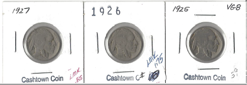 Three Different Buffalo Nickels - 1925, 1926, & 1927