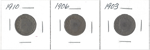 Three Different Liberty Head Nickels - 1903, 1906, & 1910