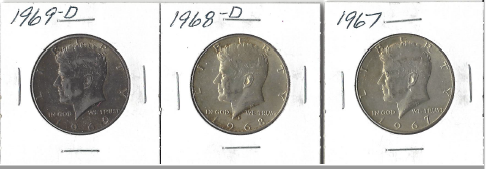 Three Different Kennedy Half Dollars - 1967, 1968-D, & 1969-D
