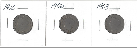 Three Different Liberty Head Nickels - 1903, 1906, & 1910