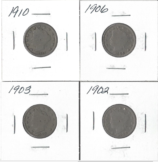 Four Liberty Head Nickels - 1902, 1903, 1906, & 1910