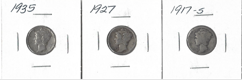 Three Different Mercury Dimes - 1917-S,1927, & 1935