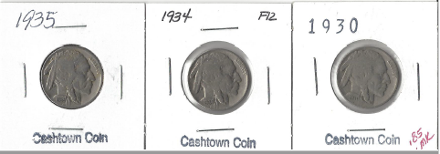 Three Different Buffalo Nickels - 1930, 1934, & 1935