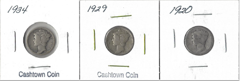 Three Different Mercury Dimes - 1920, 1929, & 1934