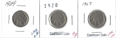 Three Different Buffalo Nickels - 1927, 1928, & 1929