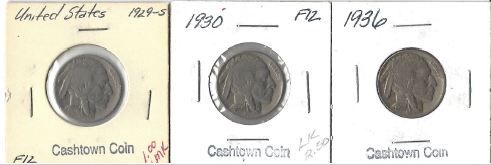 Three Different Buffalo Nickels - 1929-S, 1930, & 1936