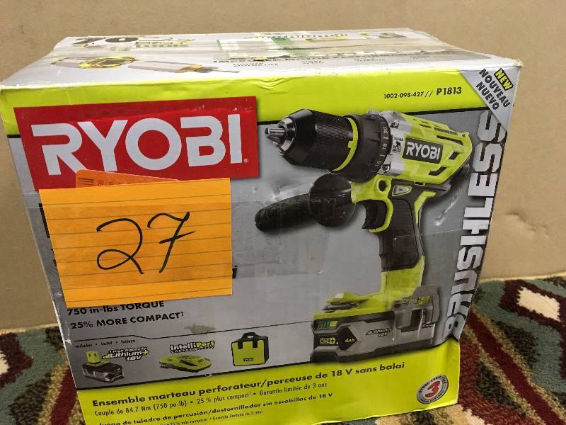 lot 27 image: Ryobi 18-Volt ONE Brushless Hammer Drill Kit not used
