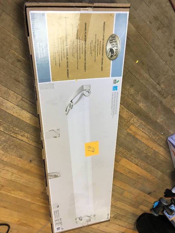 lot 69 image: Hampton Bay Regency 4-Light Brushed Nickel T8 Fluorescent Ceiling Light open box never used