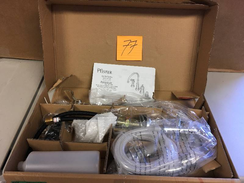lot 77 image: Pfister LG26-4YP Ashfield Kitchen Faucet - Includes Hand Sprayer and Soap Dispenser Polished Chrome Faucet Single Handle not used