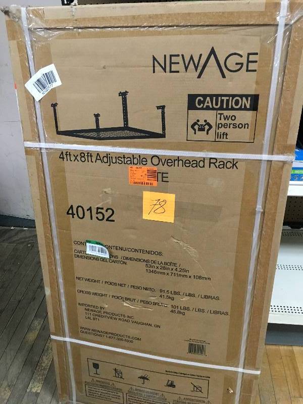 lot 78 image: NewAge Products Adjustable Width Ceiling Storage Rack not used
