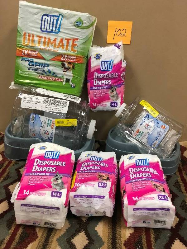 lot 102 image: Assorted Dog Diapers, Dog Pads, and Water & Food Dispensers