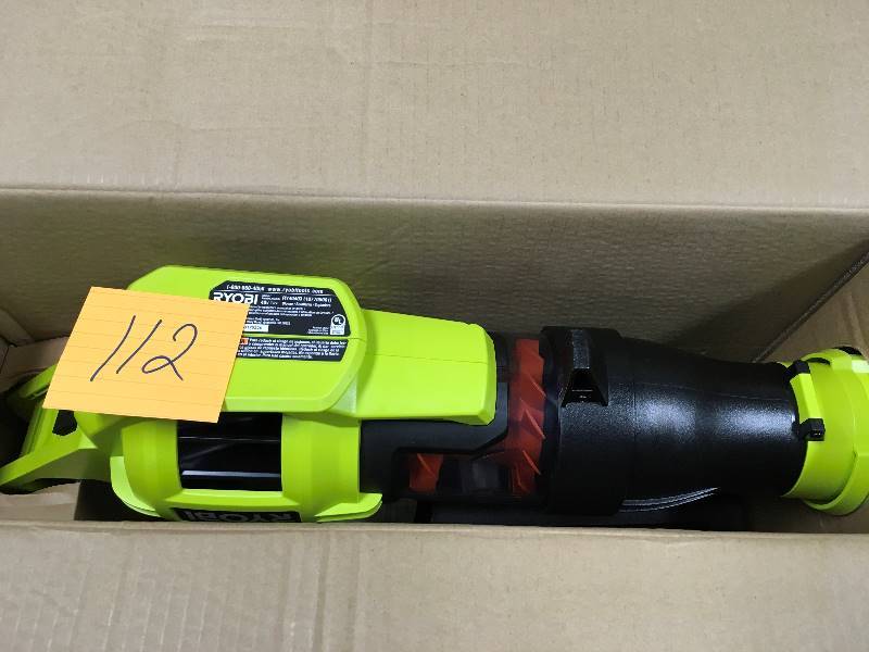 lot 112 image: Ryobi 110 MPH 480 CFM Variable-Speed Turbo 40 Volt Lithium-Ion Cordless Jet Fan Leaf Blower - Battery and Charger NOT included not used