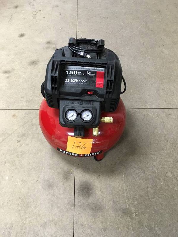 lot 126 image: Porter Cable 150 PSI 2.6 SCFM Air Compressor in working conditions