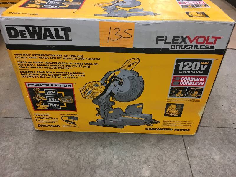 lot 135 image: DeWalt 120 Volt MAX FLEXVOLT Cordless Lithium-Ion 12 in. Fixed Compound Miter Saw with Adapter not used