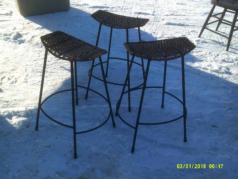 3 VINTAGE METAL AND WICKER BAR STOOLS