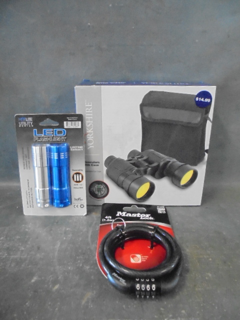 lot 7 image: Binoculars, Lock Cable, and Flashtights