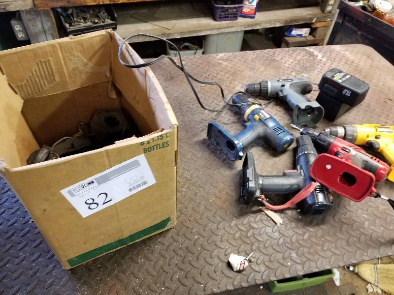 lot 82 image: Lot of (3) Cordless Drills w Box of Batteries - Craftsman, Ryobi, American, And More