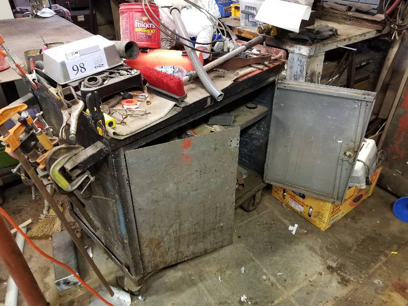 lot 98 image: Rolling Metal Utility Cart w Contents - Clamps, Safety Glasses, Hardware, And More