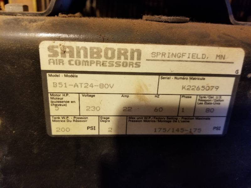 Sanborn 80Gallon 2Stage 5 hp Black Max Air Compressor Game Farm
