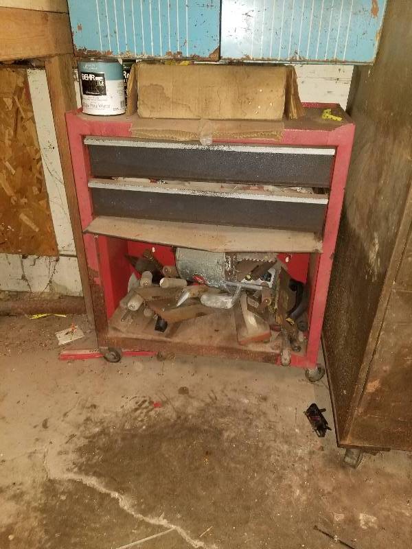 lot 36 image: Rolling Tool Chest w Tools - Spark Plugs, Scrapers, Wiring, And More