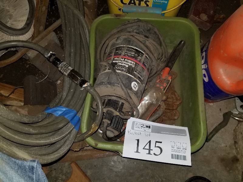 lot 145 image: Sears 10A Super Submersible Utility Pump, Chains, Misc Tools