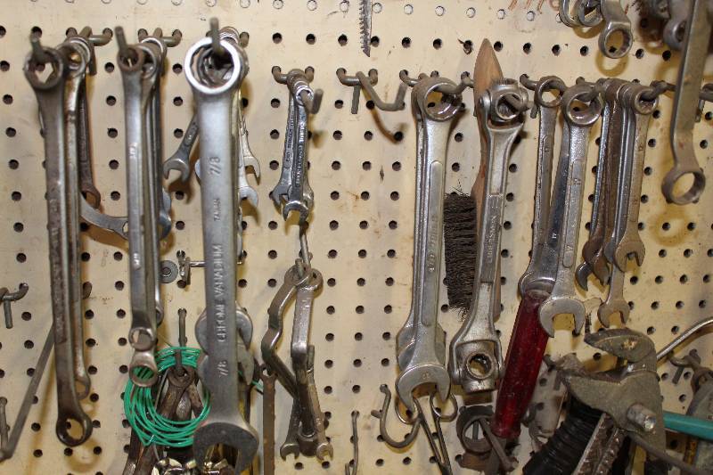 lot 210 image: Lot of (8) Hanging Hooks of Hand Tools - Combination Wrenches