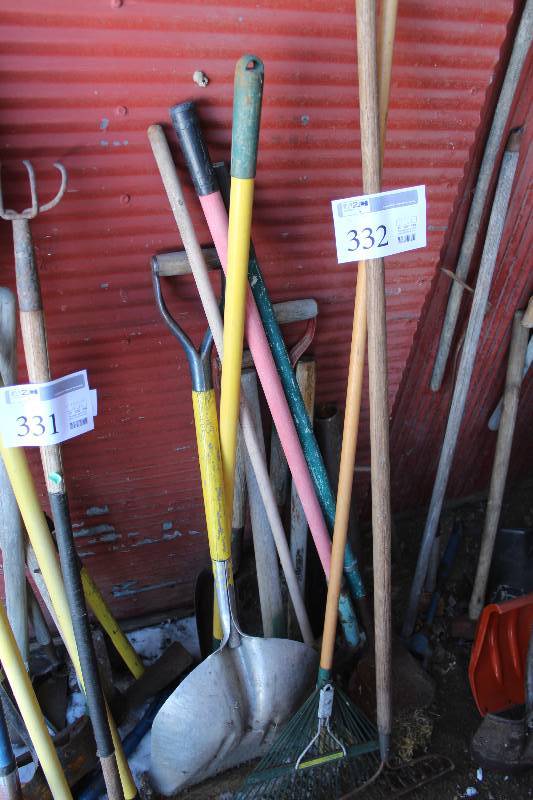 lot 332 image: Yard Tools - Shovels, Axe, Broom, Hoe, And More