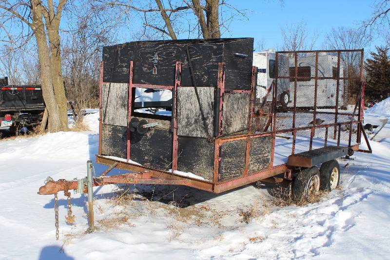lot 384 image: 1982 Custom 16 foot. Dual Axle Trailer w Mower Ramp, Winch, Tool Box