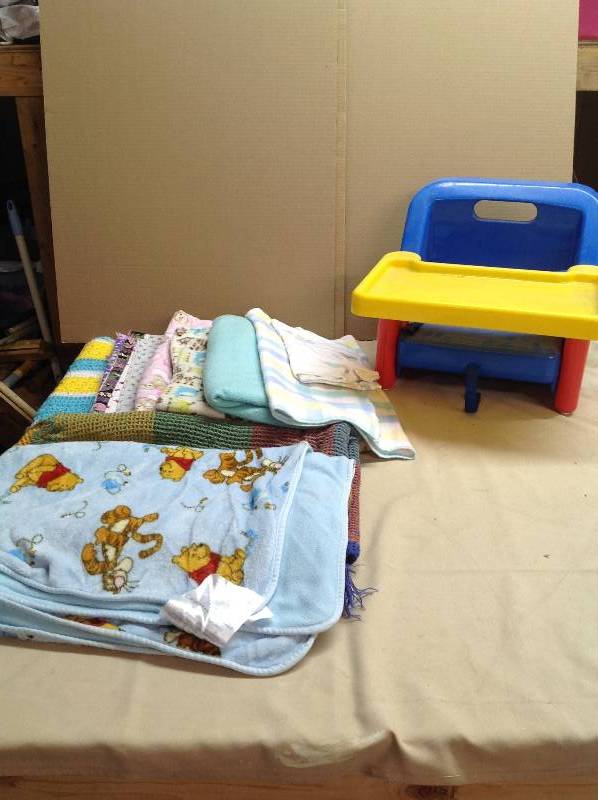 Eight Baby Blankets and a high Chair