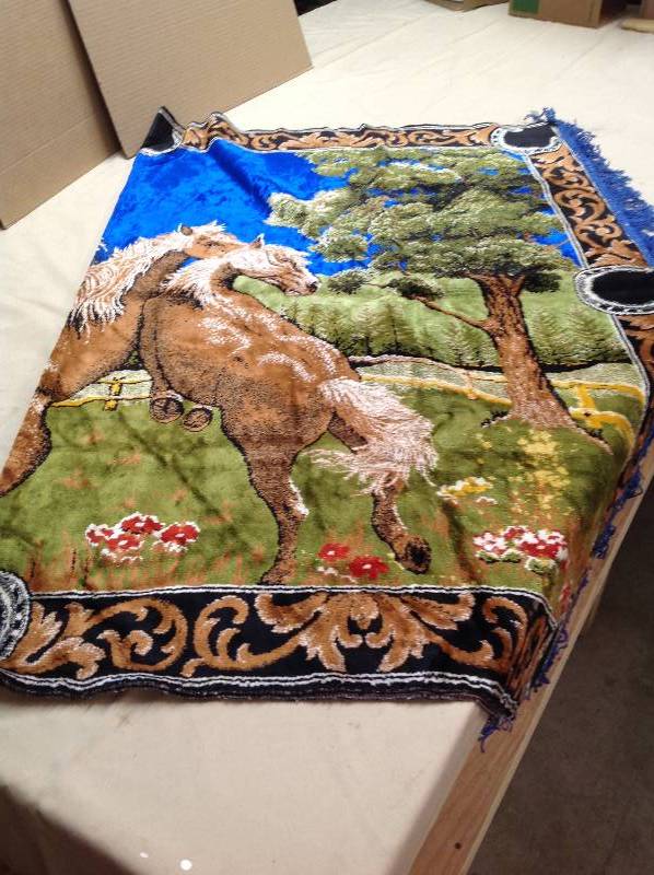 Beautiful Tapestry, with two Palomino horses,