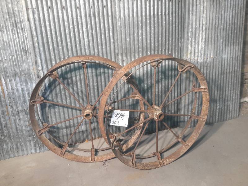 lot 43 image: 2, 32in diameter steel wagon wheels