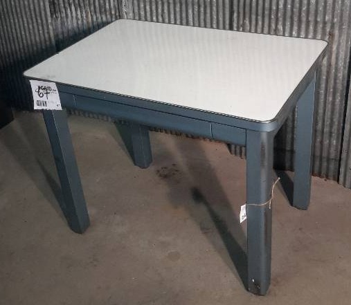 lot 67 image: Nice enamel finish top Table.. Industrial legs with drawer