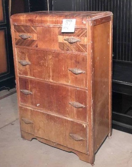lot 89 image: Tallboy dresser with nice wood handles and inlay design on top drawer