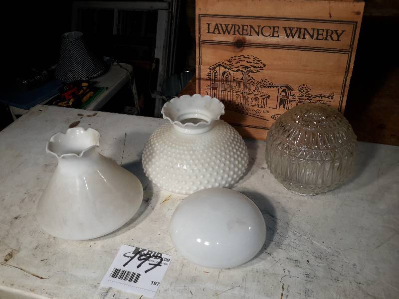 lot 197 image: Glass lamplantern Globes.. Wooden Winery Box