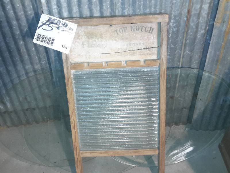 lot 154 image: Vintage wood and GLASS wash board 3, oval shaped glass table tops