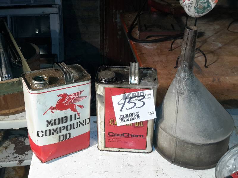 lot 153 image: 2 Vintage Gallon Gas Cans and Galvanized Funnel