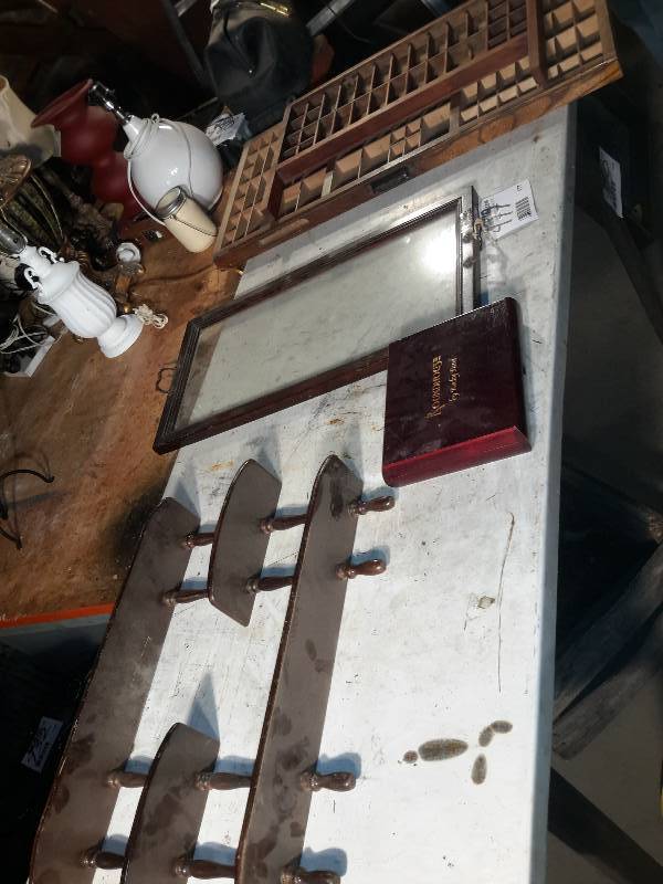 lot 177 image: Wall Shelf Glass with wood trim serving tray sectional trays.. (large)  Wood boxes
