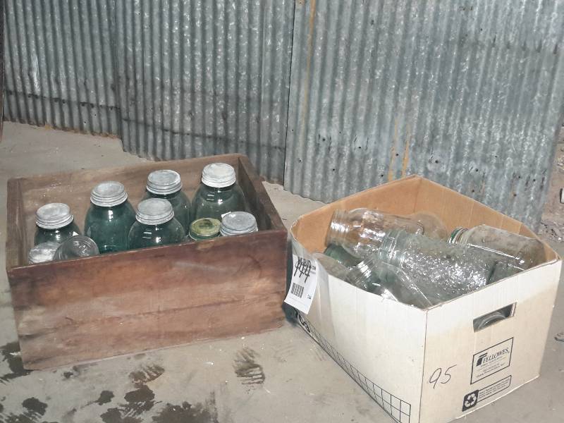 lot 144 image: 2 boxes of canning jars.. Some Blue Glass