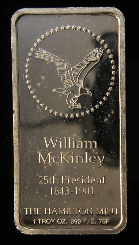 1 TROY OZ. .999 FINE SILVER BAR WILLIAM MCKINLEY