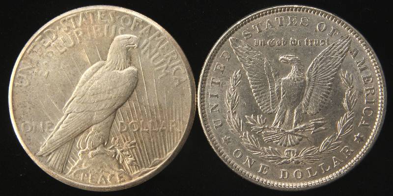 2 SILVER DOLLARS 1886 MORGAN AU, 1926 PEACE UNC