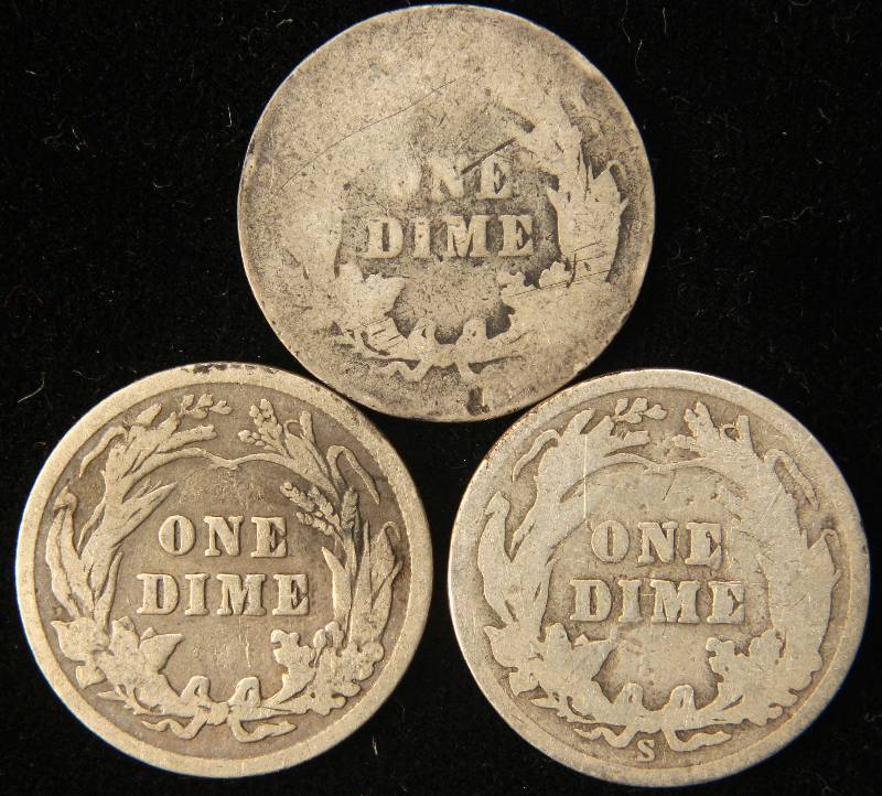 3 BARBER SILVER DIMES 1892, 1903, 1908-S