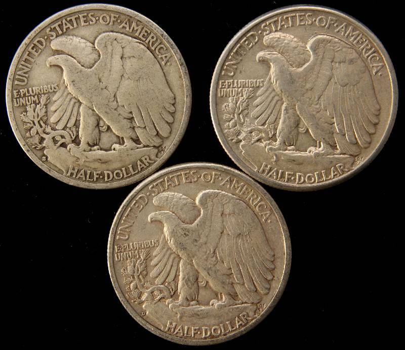 3 SILVER HALF DOLLARS 1933-S FINE, 1942 XF, 1943-D XF