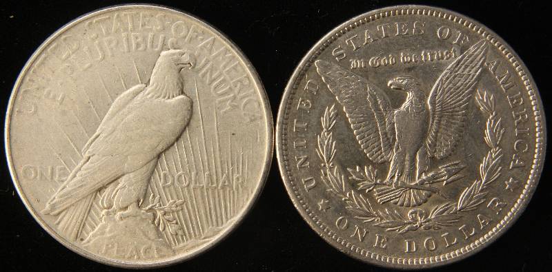 2 SILVER DOLLARS 1891 MORGAN AU CLEANED, 1923-D PEACE FINE