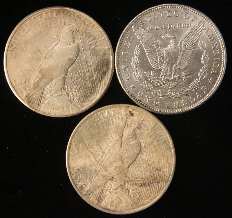 3 SILVER DOLLARS 1887 MORGAN UNC, 1922-S FINE, 1923-S FINE PEACE