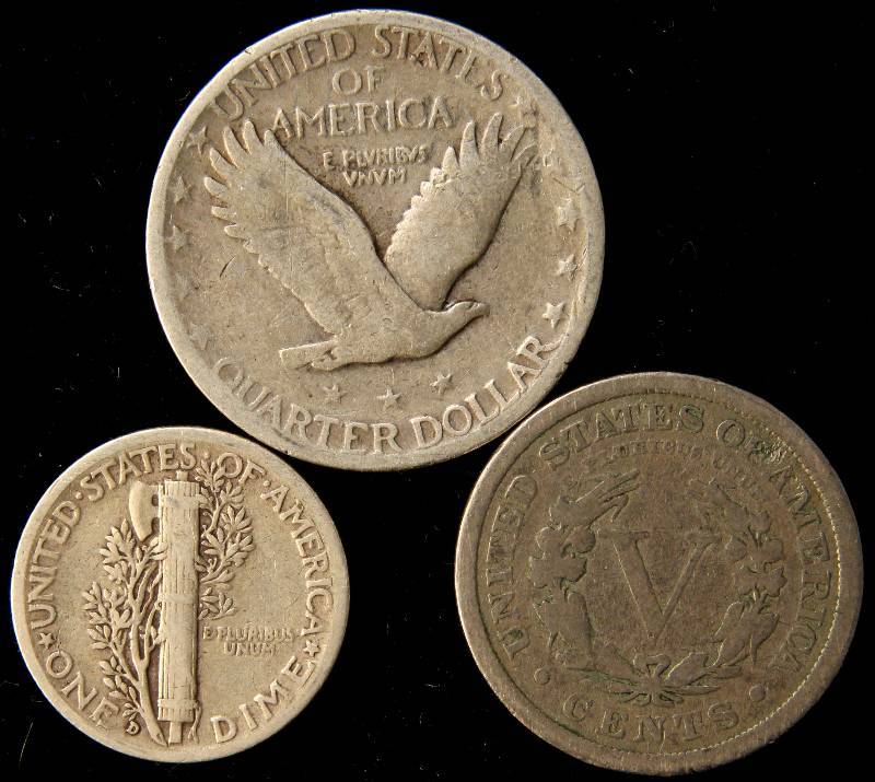 1928 STANDING 25C, 1936-D 10C, 1906 V 5C