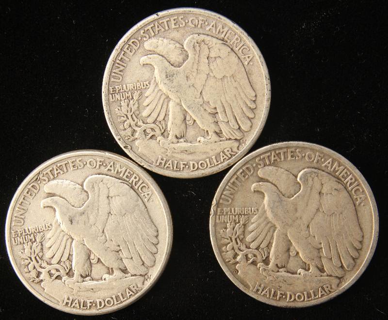3 SILVER HALF DOLLARS 1942, 1943, 1945-D